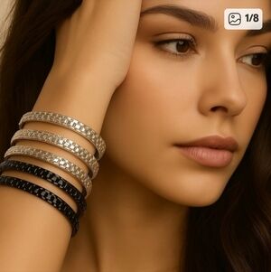 Set of 5 Silver-tone & Black Dainty Bangle Bracelets - Women's Fashion Jewelry